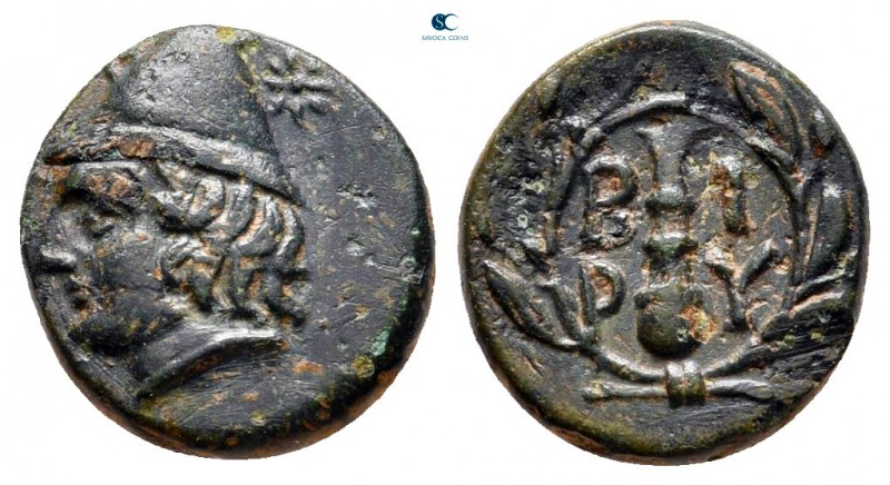 Troas. Birytis circa 350-300 BC. 
Bronze Æ

10 mm, 1,20 g

Head of Kabeiros...