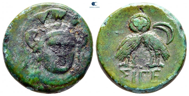 Troas. Sigeion circa 400-200 BC. 
Bronze Æ

20 mm, 4,47 g

Head of Athena f...