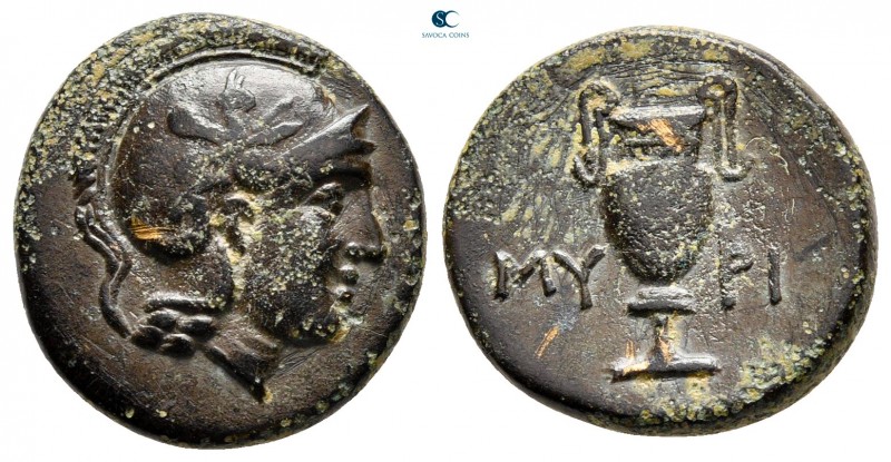 Aiolis. Myrina circa 400-300 BC. 
Bronze Æ

16 mm, 4,20 g

Helmeted head of...