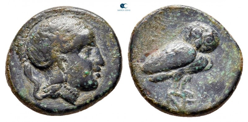 Aiolis. Neonteichos circa 300-100 BC. 
Bronze Æ

11 mm, 1,37 g

Head of Ath...