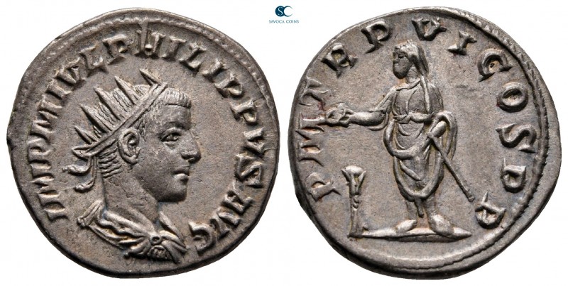 Philip II AD 247-249. Rome
Antoninianus AR

22 mm, 4,84 g

IMP M IVL PHILIP...