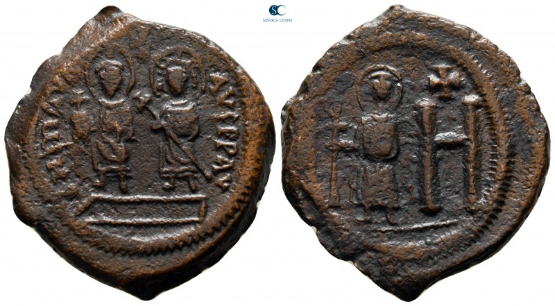Maurice Tiberius with Constantina and Theodosius AD 590-593. Cherson mint
Folli...