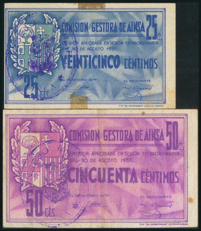 AINSA (HUESCA). 25 Céntimos y 50 Céntimos. 30 de Agosto de 1937. (González: 105,...