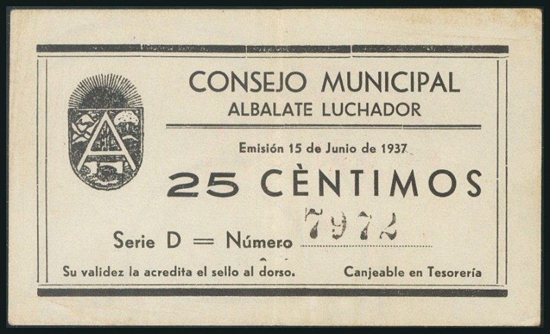 ALBALATE LUCHADOR (TERUEL). 25 Céntimos. 15 de Junio de 1937. Serie D. (González...