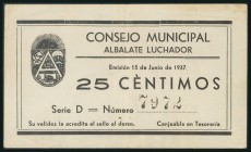 ALBALATE LUCHADOR (TERUEL). 25 Céntimos. 15 de Junio de 1937. Serie D. (González: 173). Inusual. MBC+.