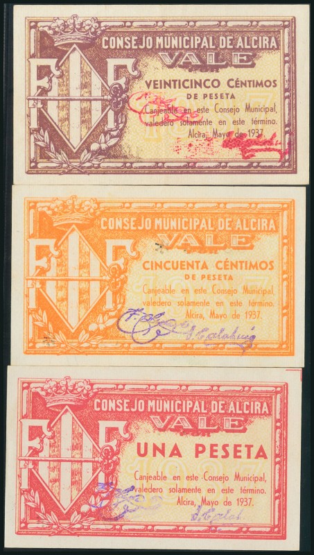 ALCIRA (VALENCIA). 25 Céntimos, 50 Céntimos y 1 Peseta. Mayo 1937. Serie A, todo...