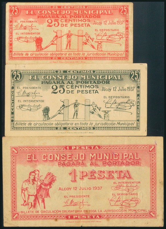 ALCOY (ALICANTE). 25 Céntimos (los dos tipos) y 1 Peseta. 12 de Junio de 1937. S...