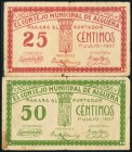ALGUEÑA (ALICANTE). 25 Céntimos y 50 Céntimos. 1 de Junio de 1937. (González: 490, 491). Raros. BC.