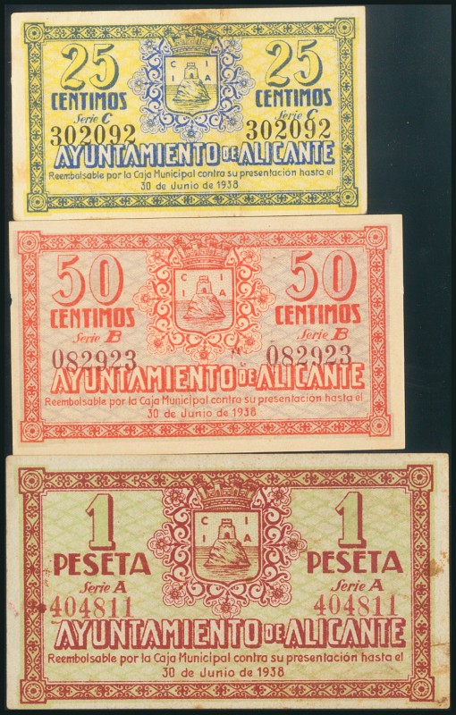 ALICANTE. 25 Céntimos, 50 Céntimos y 1 Peseta. 17 de Junio de 1937. Series C, B ...