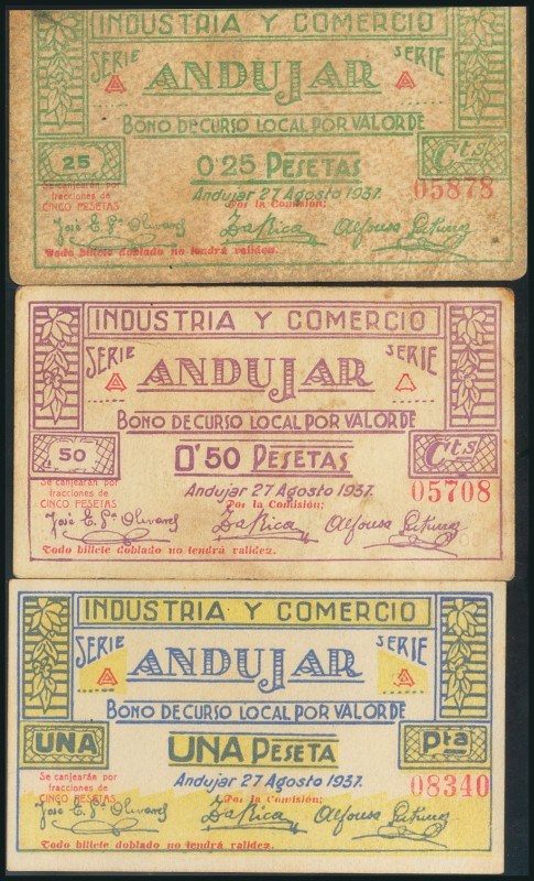 ANDUJAR (JAEN). 25 Céntimos, 50 Céntimos y 1 Peseta. 27 de Agosto de 1937. Serie...