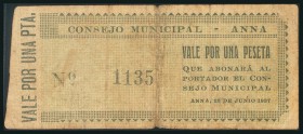 ANNA (VALENCIA). 1 Peseta. 28 de Junio de 1937. (González: 712). Rarísimo. BC-.