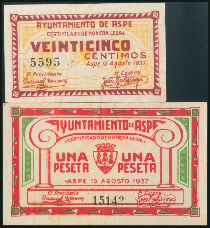 ASPE (ALICANTE). 25 Céntimos y 1 Peseta. 15 de Agosto de 1937. (González: 788). ...