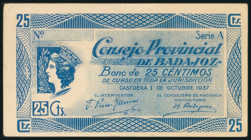 BADAJOZ. 25 Céntimos. 1 de Octubre de 1937. Serie y con sello "NULO" único para ...