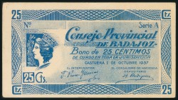 BADAJOZ. 25 Céntimos. 1 de Octubre de 1937. Serie y con sello "NULO" único para coleccionistas y sin numeración. (González: 834). MBC+.