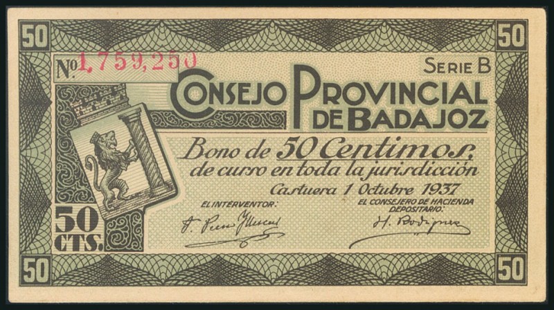 BADAJOZ. 50 Céntimos. 1 de Octubre de 1937. Serie B y con sello al dorso de "NUL...