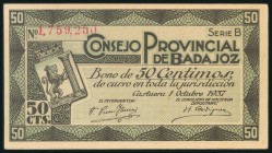 BADAJOZ. 50 Céntimos. 1 de Octubre de 1937. Serie B y con sello al dorso de "NULO" solamente para coleccionistas. (González: 835). SC.