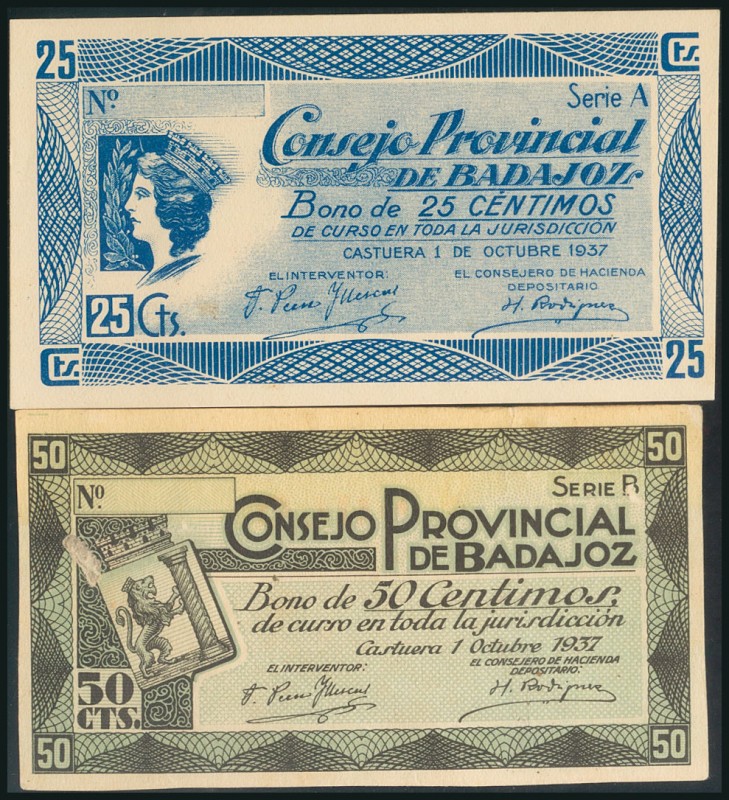 BADAJOZ. 25 Céntimos y 50 Céntimos. 1 de Octubre de 1937. Series A y B, respecti...