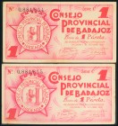 BADAJOZ. 1 Peseta. 1 de Octubre de 1937. Pareja correlativa. Serie C. (González: 836). MBC.
