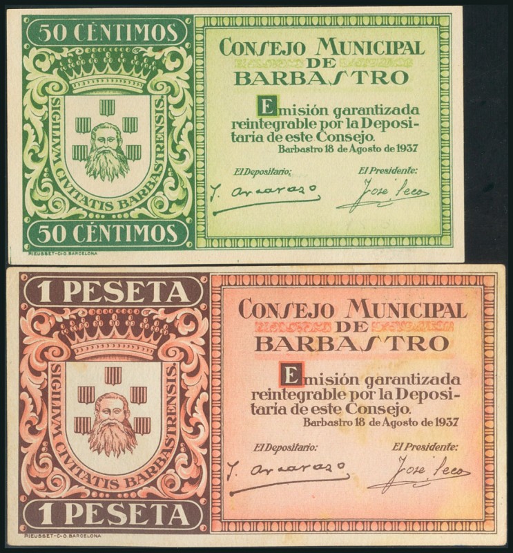 BARBASTRO (HUESCA). 50 Céntimos y 1 Peseta. 18 de Agosto de 1937. Series B y C, ...