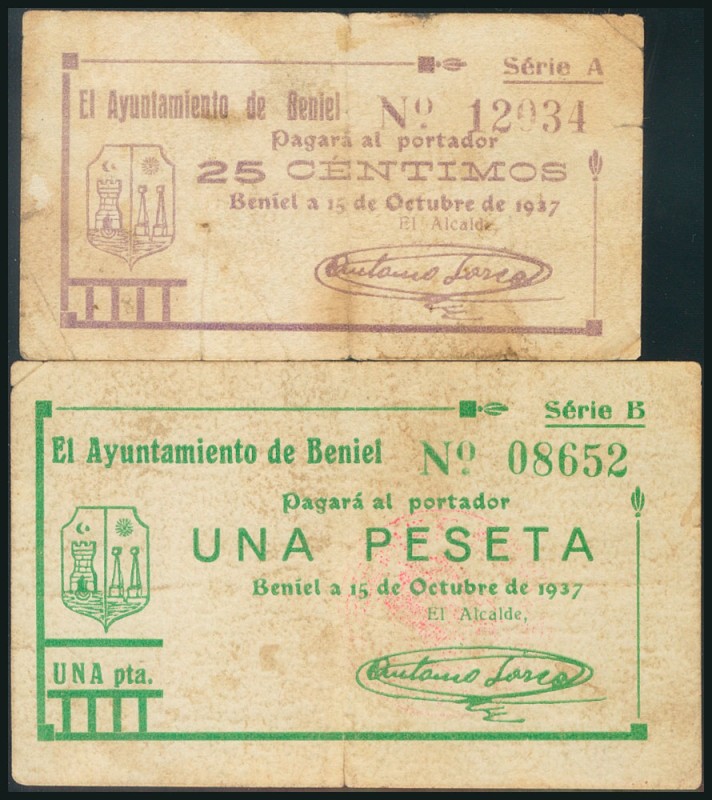 BENIET (MURCIA). 25 Céntimos y 1 Peseta. 15 de Octubre de 1937. Series A y B, re...