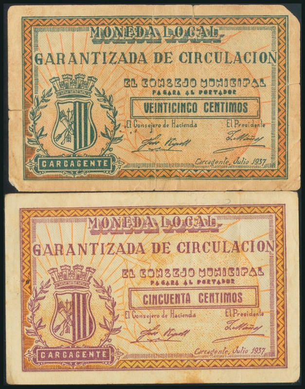 CARCAGENTE (VALENCIA). 25 Céntimos y 50 Céntimos. Julio 1937. (González: 1633, 1...