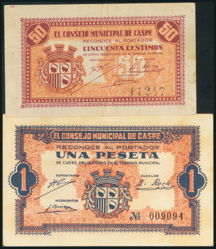 CASPE (ZARAGOZA). 50 Céntimos y 1 Peseta. (1938ca). (González: 1738/39). MBC/MBC...