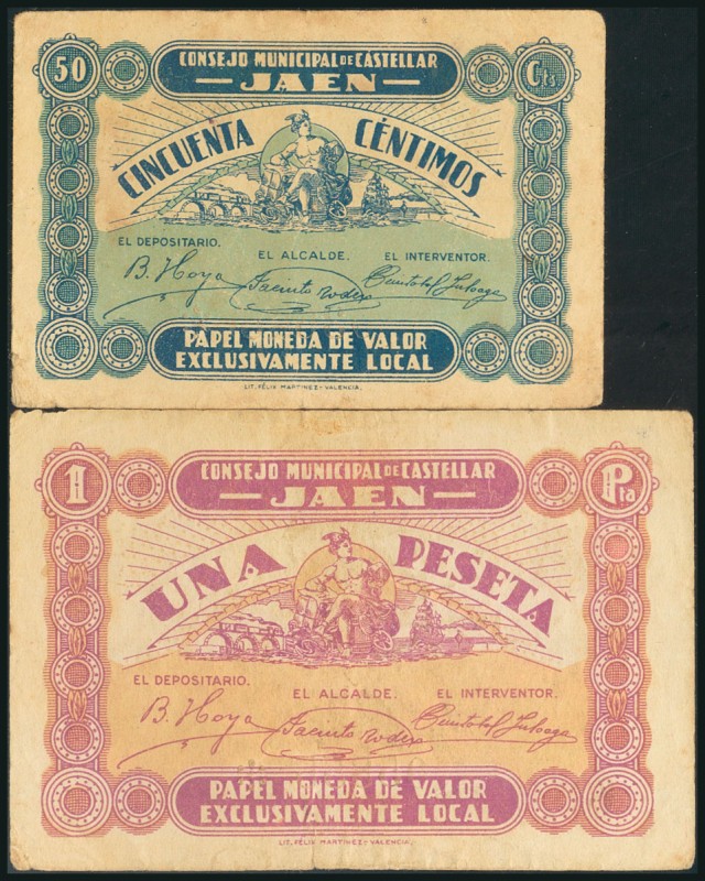 CASTELLAR (JAEN). 50 Céntimos y 1 Peseta. (1938ca). (González: 1769, 1770). Raro...