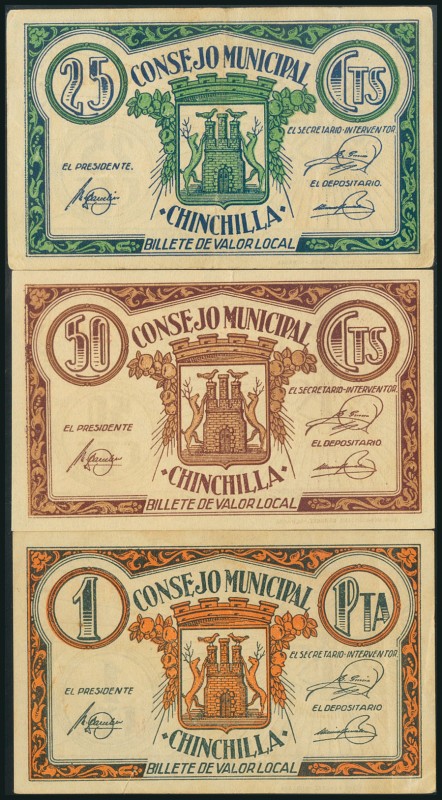 CHINCHILLA (ALBACETE). 25 Céntimos, 50 Céntimos y 1 Peseta. (1938ca). (González:...