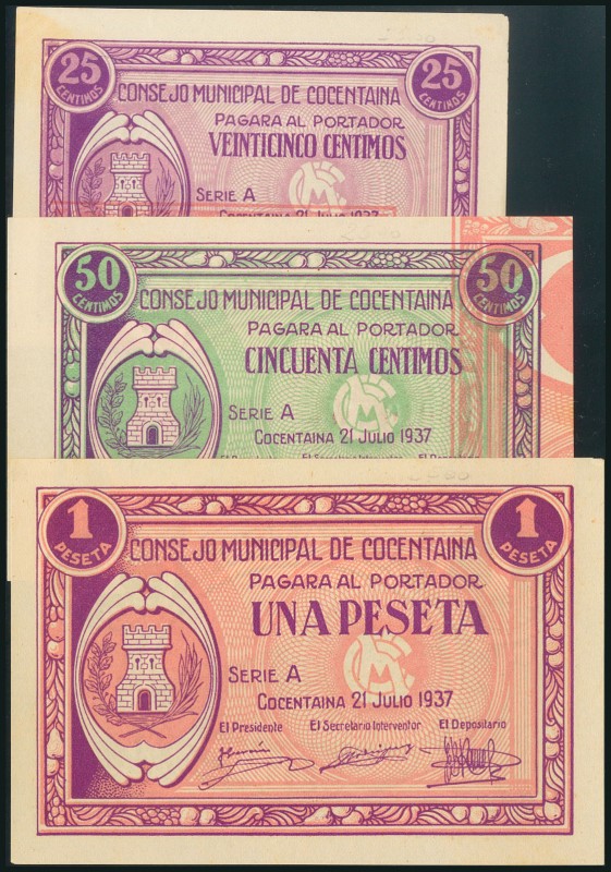 COCENTAINA (ALICANTE). 25 Céntimos, 50 Céntimos y 1 Peseta. 21 de Julio de 1937....