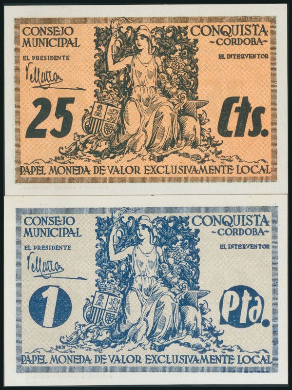 CONQUISTA (CORDOBA). 25 Céntimos y 1 Peseta. (1938ca). Ambos sin numeración. (Go...