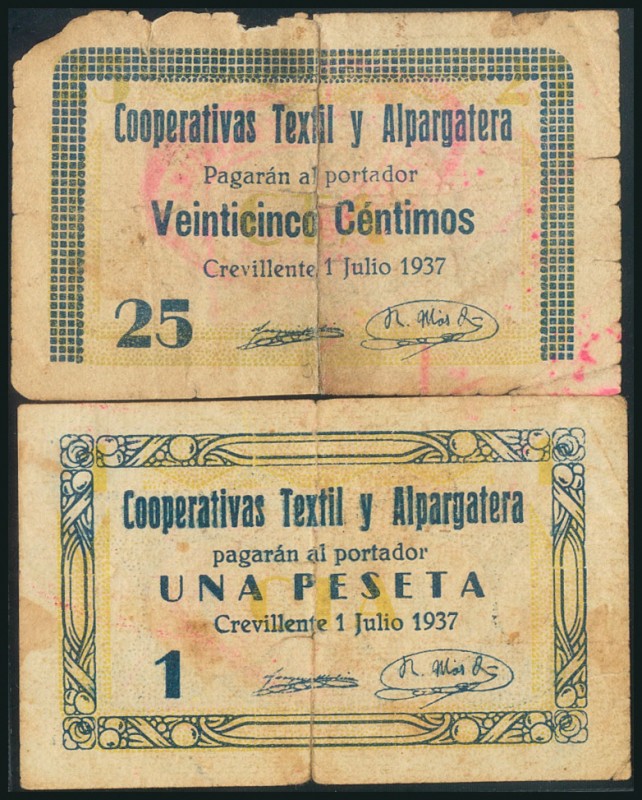 CREVILLENTE (ALICANTE). 25 Céntimos y 1 Peseta. 1 de Julio de 1937. (González: 2...