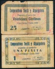 CREVILLENTE (ALICANTE). 25 Céntimos y 1 Peseta. 1 de Julio de 1937. (González: 2087, 2089). Inusuales. MBC/RC.