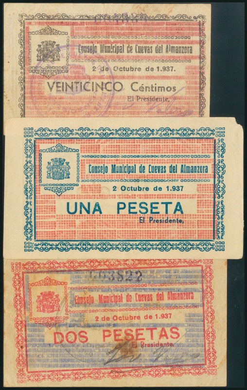 CUEVAS DEL ALMANZORA (ALMERIA). 25 Céntimos, 1 Peseta y 2 Pesetas. 2 de Octubre ...