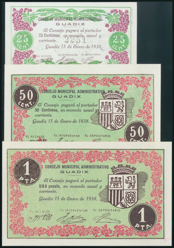 GUADIX (GRANADA). 25 Céntimos, 50 Céntimos y 1 Peseta. 1 de Enero de 1938. (Gonz...