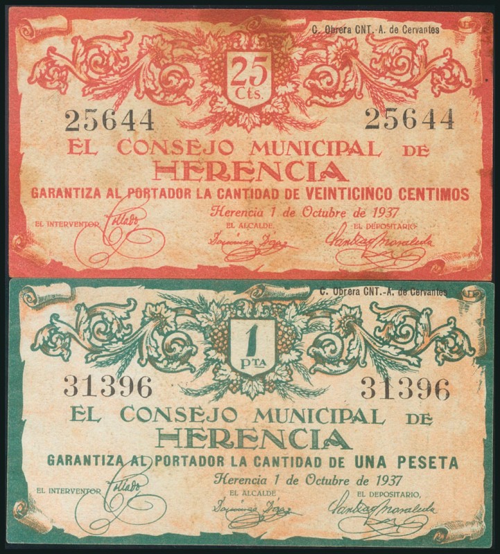 HERENCIA (CIUDAD REAL). 25 Céntimos y 1 Peseta. Octubre 1937. (González: 2818, 2...