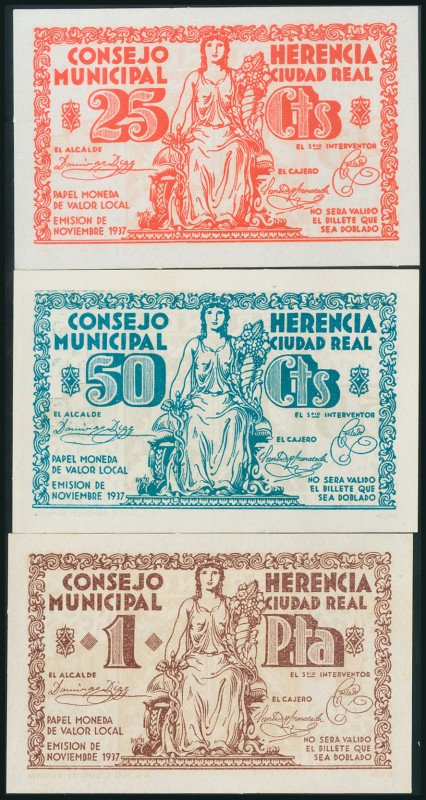 HERENCIA (CIUDAD REAL). 25 Céntimos, 50 Céntimos y 1 Peseta. Noviembre 1937. (Go...