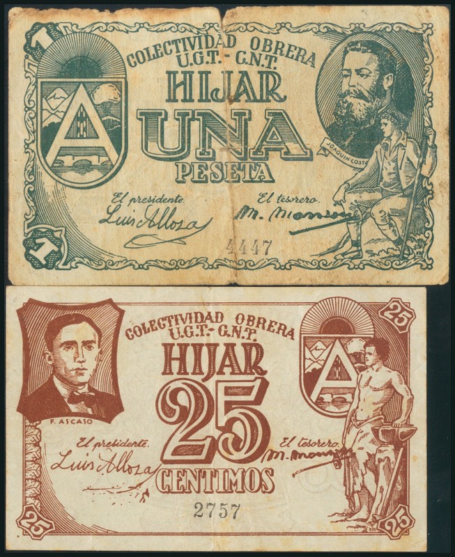 HIJAR (TERUEL). 25 Céntimos y 1 Peseta. (1938ca). (González: 2849/50). Inusual s...