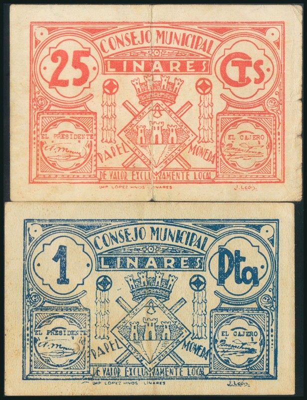 LINARES (JAEN). 25 Céntimos y 1 Peseta. (1938ca). (González: 3161, 3163). MBC/BC...
