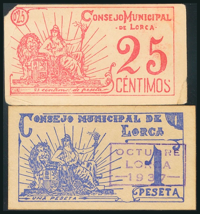 LORCA (MURCIA). 25 Céntimos y 1 Peseta. Septiembre 1937. (González: 3231, 3232d)...