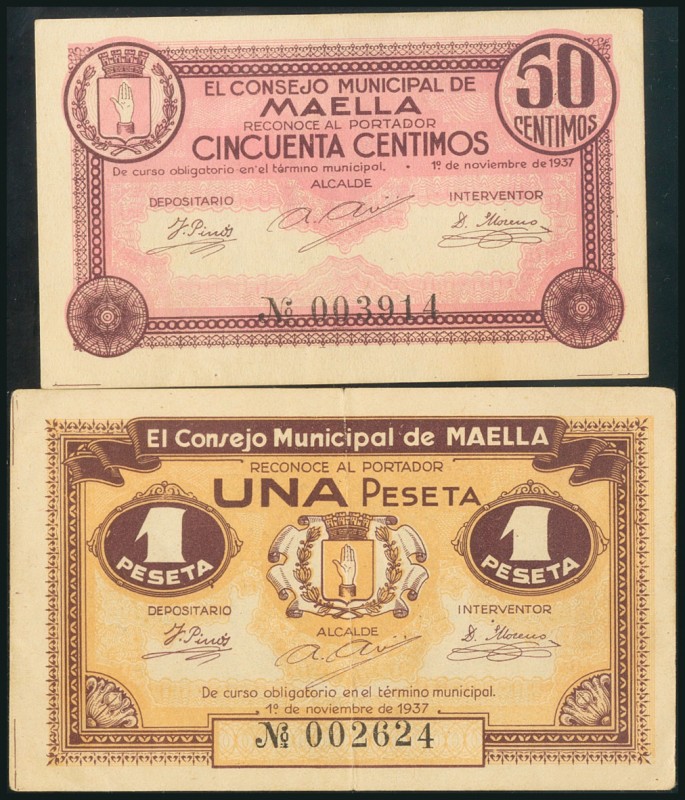 MAELLA (ZARAGOZA). 50 Céntimos y 1 Peseta. 1 de Noviembre de 1937. (González: 33...