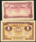 MAELLA (ZARAGOZA). 50 Céntimos y 1 Peseta. 1 de Noviembre de 1937. (González: 3312/13). Inusual serie completa. EBC+/EBC-.