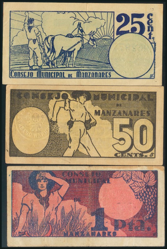 MANZANARES (CIUDAD REAL). 25 Céntimos, 50 Céntimos y 1 Peseta. 1 de Abril de 193...