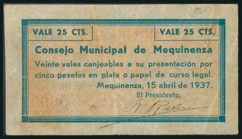 MEZQUINENZA (ZARAGOZA). 25 Céntimos. 15 de Abril 1937.(González: 3492). Inusual....