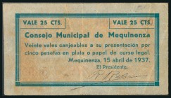 MEZQUINENZA (ZARAGOZA). 25 Céntimos. 15 de Abril 1937.(González: 3492). Inusual. MBC.