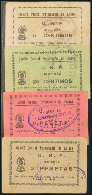MOTRIL (GRANADA). 5 Céntimos, 25 Céntimos, 1 Peseta y 2 Pesetas. 1937. (González...