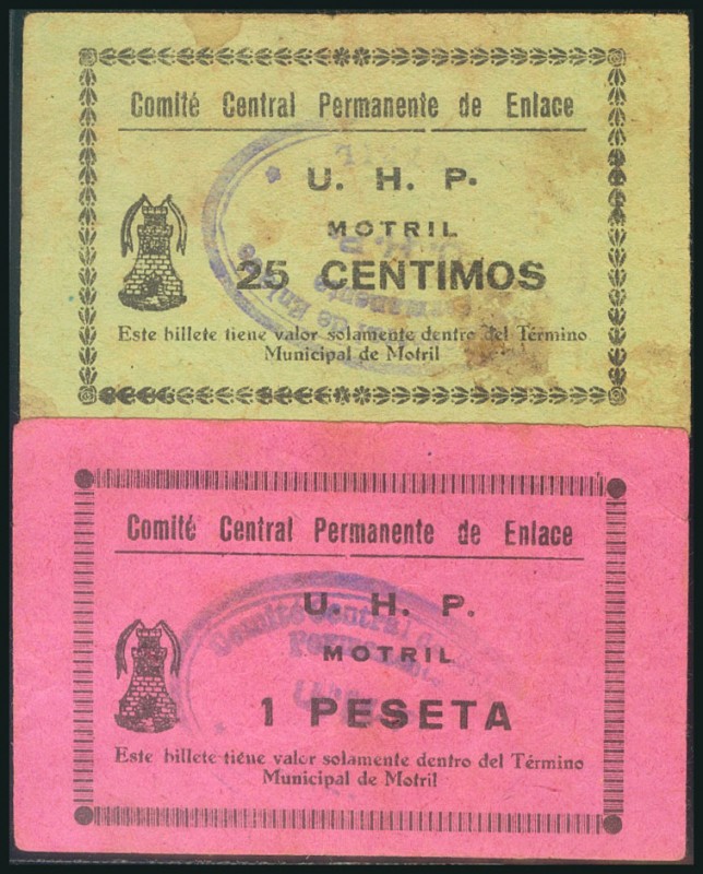 MOTRIL (GRANADA). 25 Céntimos y 1 Peseta. (1937ca). (González: 3743, 3746). Raro...