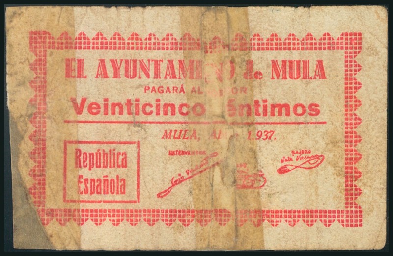 MULA (MURCIA). 25 Céntimos. Abril 1937. (González: 3757). Raro, presencia de cin...