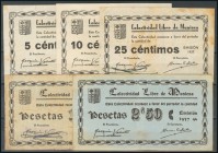 MUNIESA (TERUEL). 5 Céntimos, 10 Céntimos, 25 Céntimos, 1 Peseta y 2´50 Pesetas. (1937ca). (González: 3761, 3762, 3763, 3764, 3766). Muy raro conjunto...