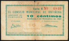 ONTIÑENA (HUESCA). 10 Céntimos. 1 de Diciembre de 1937. Serie E. (González: 3945). Raro. RC.
