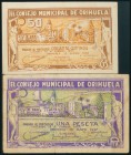 ORIHUELA (ALICANTE). 50 Céntimos y 1 Peseta. 13 de Mayo de 1937. Serie A, ambos. (González: 3993/94). Inusual serie completa. MBC-/MBC+.